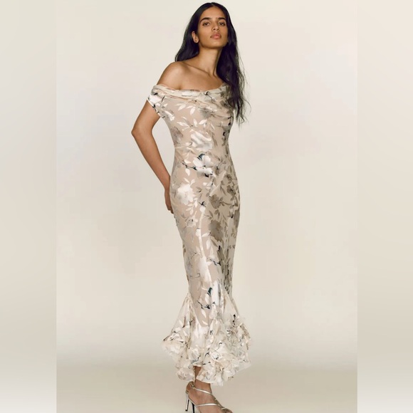 Reformation Evanthe Prosecco Blossom Silk Blend Ruffle Hem Maxi Dress 2 - Picture 3 of 9